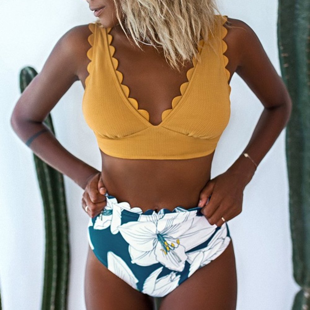 Mustard Yellow and Floral High Waisted Bikini Set
